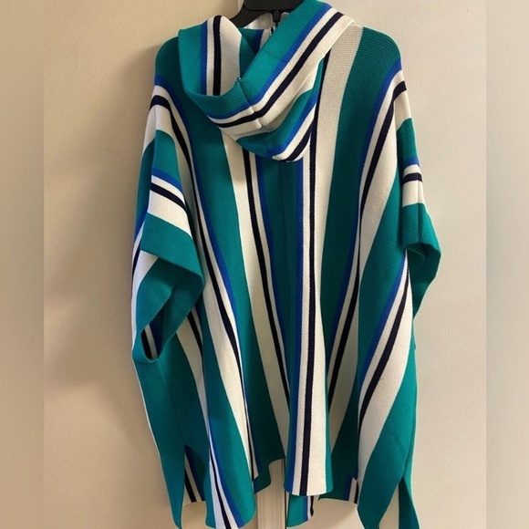 Free People One Size Poncho Striped Hooded Open Knit Kimono Pockets Green White - Picture 7 of 16